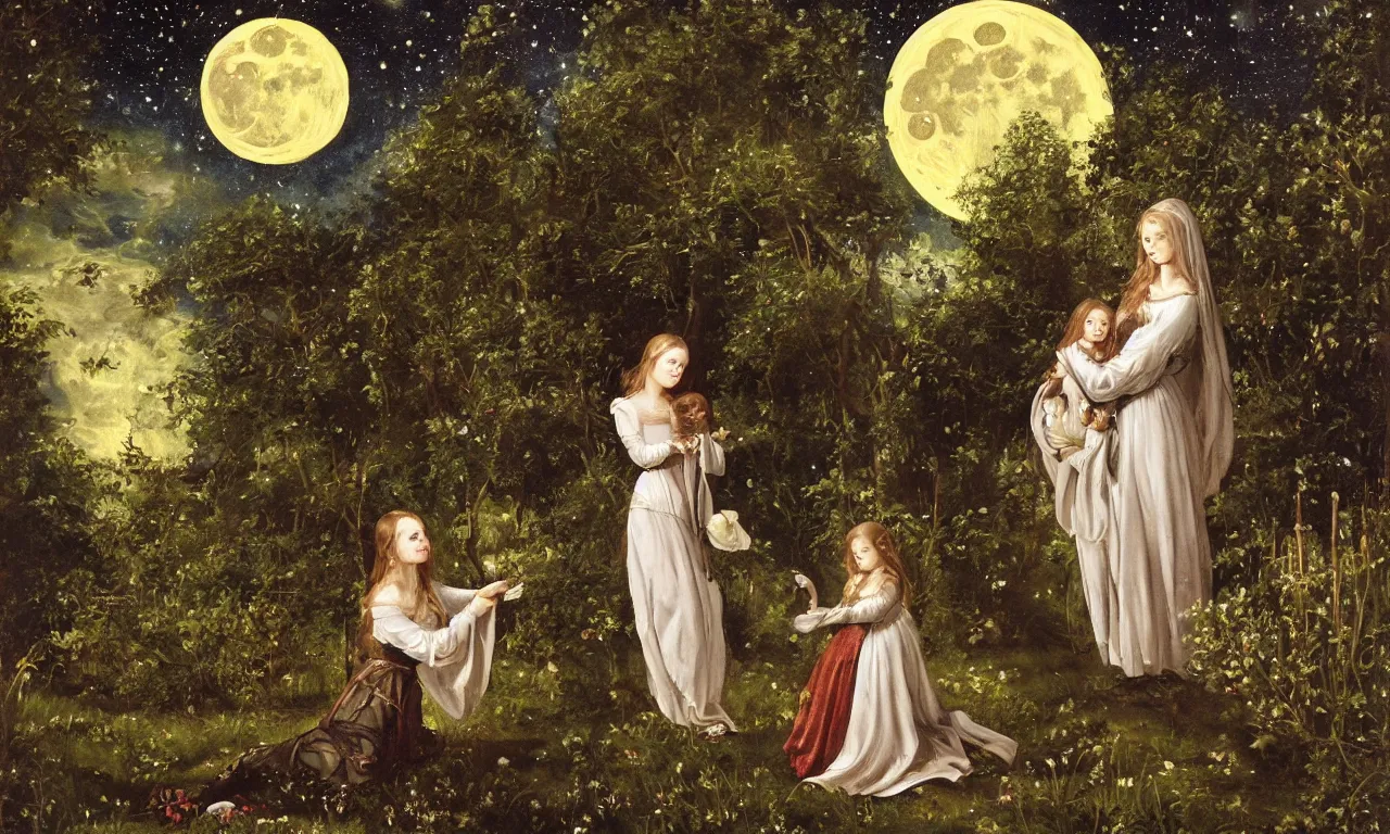 Prompt: a gothic oil painting of a beautiful medieval noble girl holding a small goblin in her hands in a garden filled with moonlight. the crescent moon glows overhead in a starry night sky. moonlit scene. the lady is standing, wearing a flowing white robe. the goblin looks at her with love., vivid colors, high details, cinematic, 8k resolution, beautiful detailed, photorealistic, digital painting, artstation, concept art, smooth, sharp focus, illustration, fantasy background, artstation trending, octane render, unreal engine
