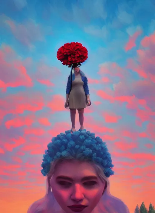 Image similar to woman with a giant carnation as a face, flower field, surreal photography, sunset dramatic light, impressionist painting, colorful clouds, blue sky, digital painting, artstation, simon stalenhag