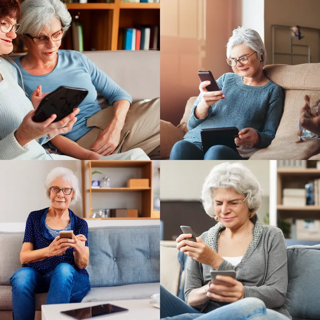 Prompt: relaxed mature old 6 0 s woman, older middle aged female customer holding smartphone using mobile app, texting message, search ecommerce offers on cell phone technology device sitting on couch at home.