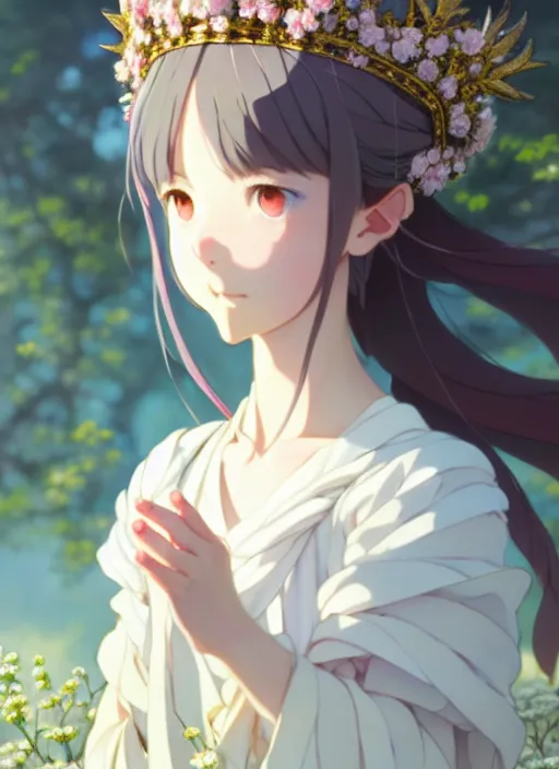 Image similar to a film still portrait of nymph girl with crown of flowers, finely detailed features, perfect art, trending on pixiv fanbox, painted by greg rutkowski makoto shinkai takashi takeuchi studio ghibli, akihiko yoshida,