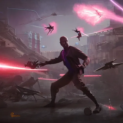 Prompt: mace windu fighting a group of pterodactyls in a destroyed cyberpunk city shooting lasers by greg rutkowski