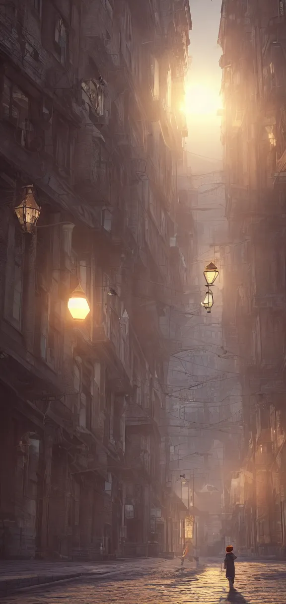 Prompt: a wandering poet with his hat and bag is walking in a quiet steampunk city in the early morning, sunrise, realistic, hyper detailed, render in unreal engine 5