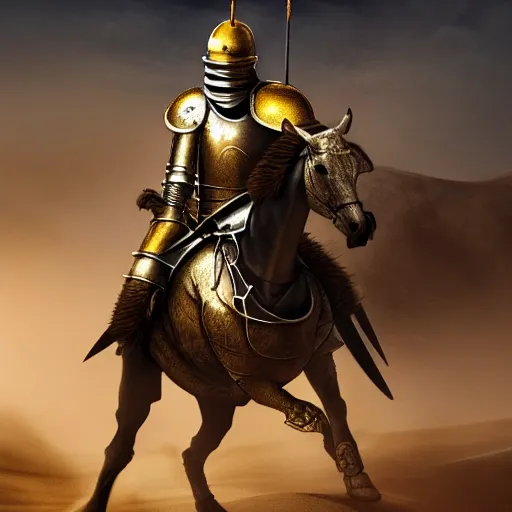 Image similar to the king of the Desert in Battle, Knight with a golden helmet and a Silver Armour, dust and blood in the air, close to defeat, Dramatic Scene, Heroic Battle Scene, dark, intricate, cinematic lighting, highly detailed, digital art, trending on Artstation, 8k, photorealistic