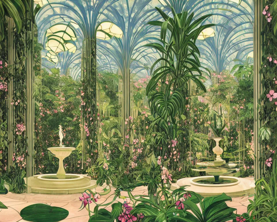 Prompt: an achingly beautiful print of the interior of an Art deco botanic garden, featuring marble fountains, blooming tropical flowers, hanging Tiffany chandeliers, and classical antiquities by Raphael, Hopper, and Rene Magritte. detailed, romantic, enchanting, trending on artstation.