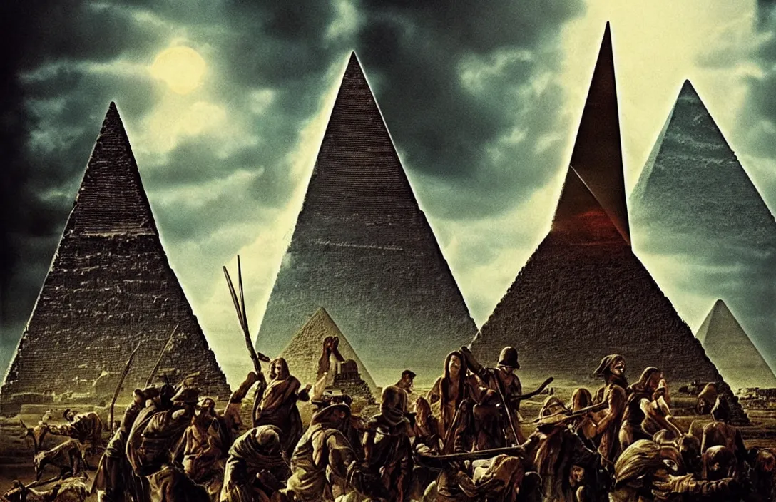 Image similar to the pyramid of figures is drawn together jan van der heyden result is a sophisticated interplay between warm, cool, light and dark colors. intact flawless ambrotype from 4 k criterion collection remastered cinematography gory horror film, ominous lighting, evil theme wow photo realistic postprocessing horrors of war futuristic painting by claude gellee