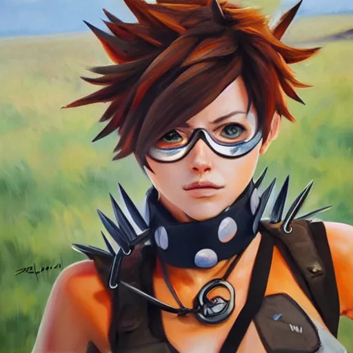 Image similar to oil painting of tracer overwatch in a field wearing spiked collar around neck, in style of martine johanna, expressive face, wearing choker with spikes, steel collar, detailed face, detailed eyes, full body, feminine face, tracer overwatch,