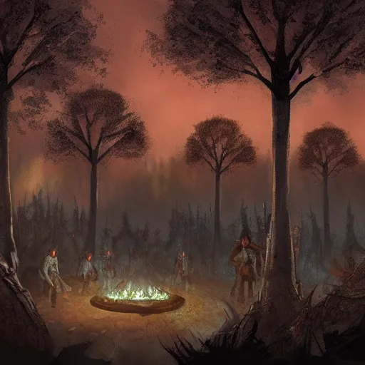 Prompt: concept art of a druidic village surrounded by trees made of obsidian and flames for leaves, dark fantasy, eerie, at dusk, slightly hazy, digital painting, large fire pit