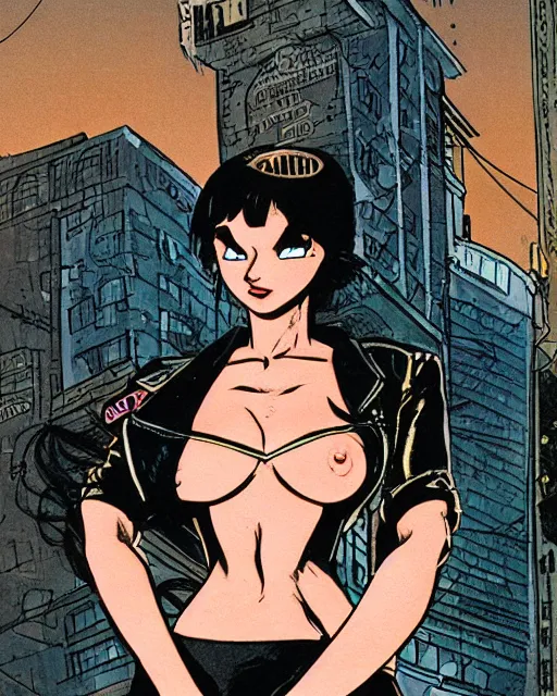 Image similar to portrait of an attractive young female protagonist wearing leather jacket, center focus, in city street, detailed artwork by ralph bakshi