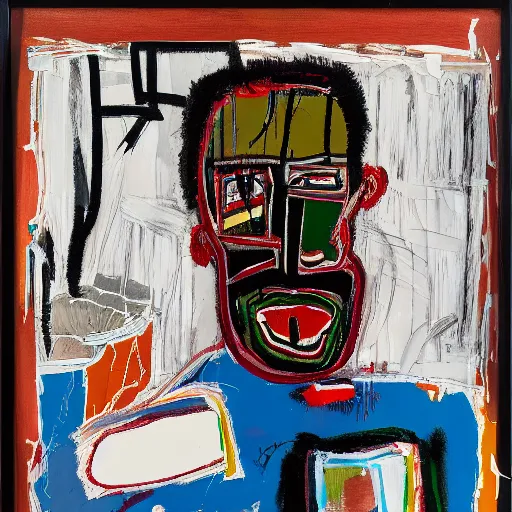 Prompt: Early afternoon in the studio. Sunlight is pouring through the window lighting the face of a sleepy man holding a red cup of coffee. Detailed and intricate brush strokes, oil paint and spray paint, markers, paper collage, crayon transfer on canvas. Painting by Basquiat, 1902