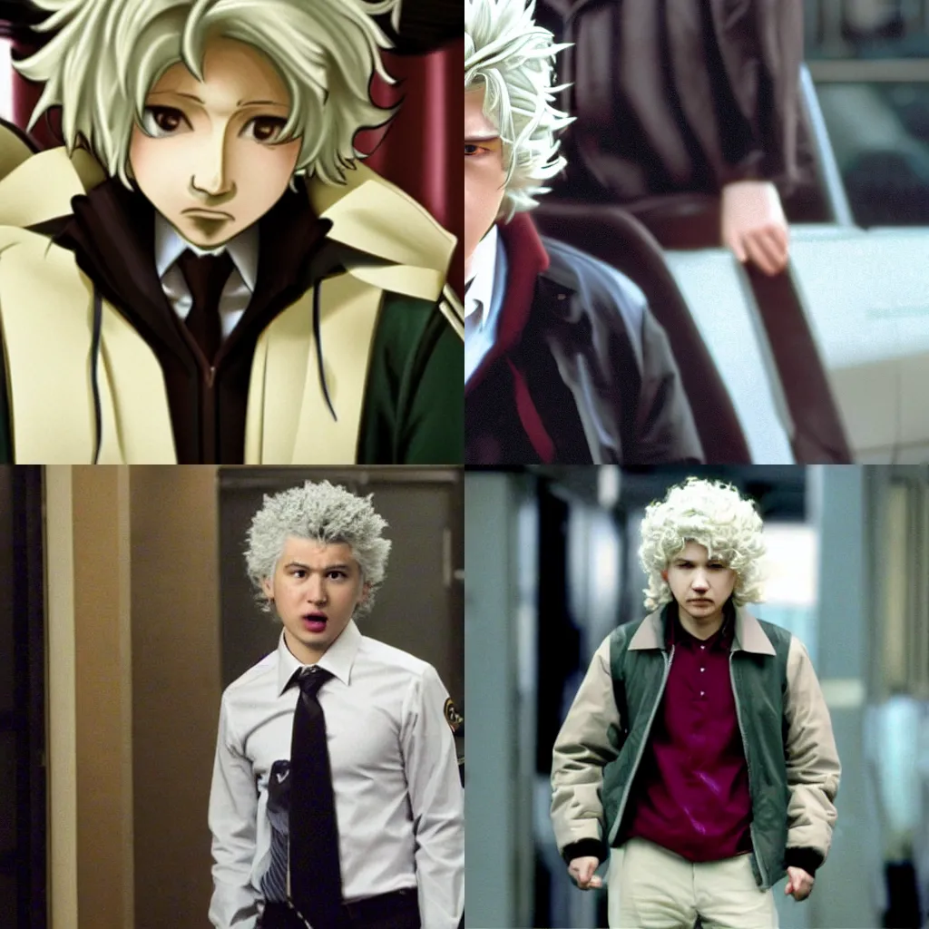 Prompt: nagito komaeda from danganronpa in the sopranos (1999), film still