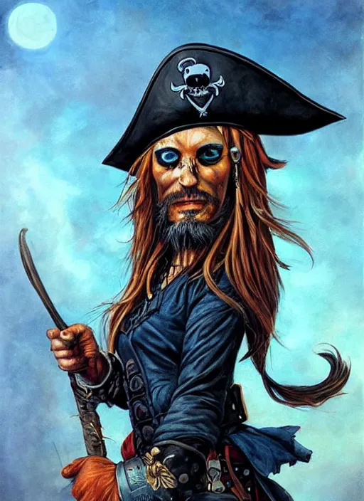 Image similar to portrait of pirate, night sky background, coherent! by brom, deep color, strong line, high contrast