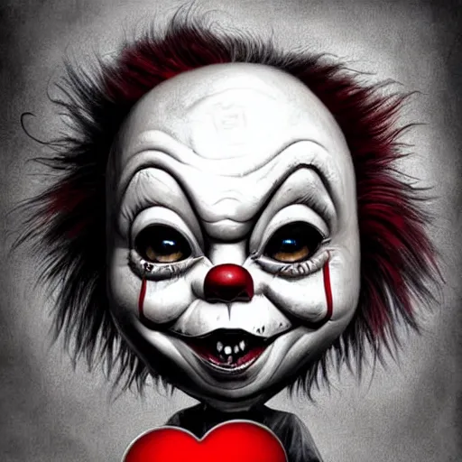 Image similar to surrealism grunge cartoon portrait sketch of chucky with a wide smile and a red balloon by - michael karcz, loony toons style, pennywise style, horror theme, detailed, elegant, intricate