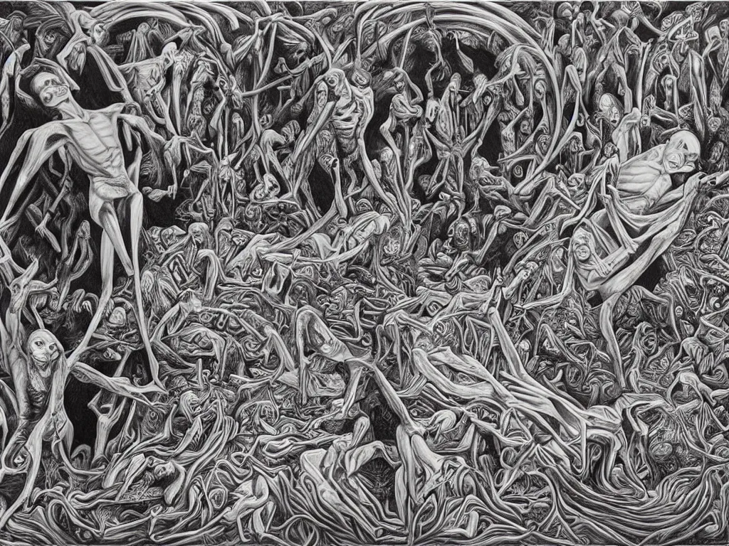 Image similar to meditation on death by Alex Grey and M. C. Escher collaboration