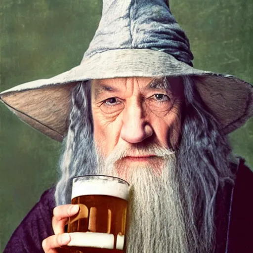 Prompt: photo portrait of gandalf drinking a beer, by annie leibovitz, sharp focus
