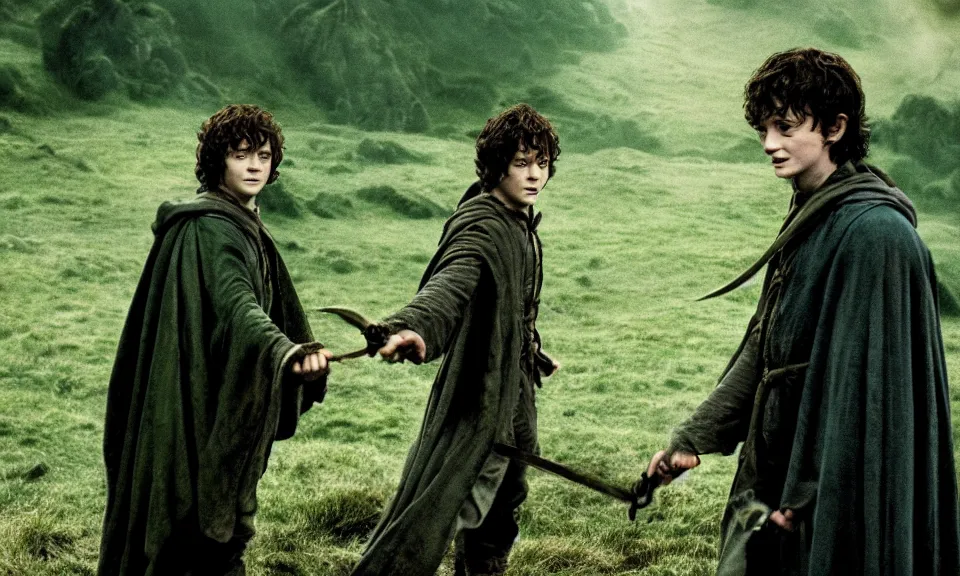 Prompt: Cinematic still of Harry Potter and Frodo in Lord of the Rings, cinematic photography, grainy