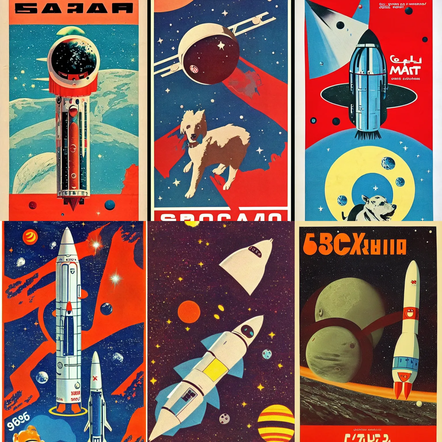 Prompt: Soviet dog shaped Space craft, planet mars, 60s poster, 1962 Soviet