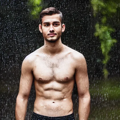 Prompt: a 55mm photo of a very handsome young man who is shirtless standing in a warm summer rain and enjoying the rain n-6