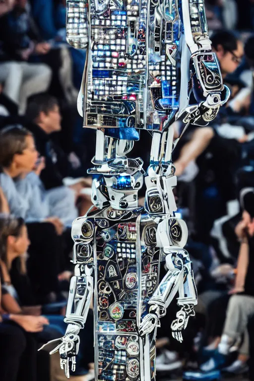 Prompt: men's streetwear worn by a robot on the fashion runway, made of circuits and mylar, high details, full frame shot