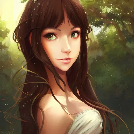 Prompt: a portrait of a young beautiful woman with long dark brown hair, green eyes, tan skin, wearing a medieval fantasy outfit, forest landscape background, fantasy, ambient lighting, 4k, anime key visual, makoto shinkai, charlie bowater, lois van baarle, ilya kuvshinov, rossdraws, artstation