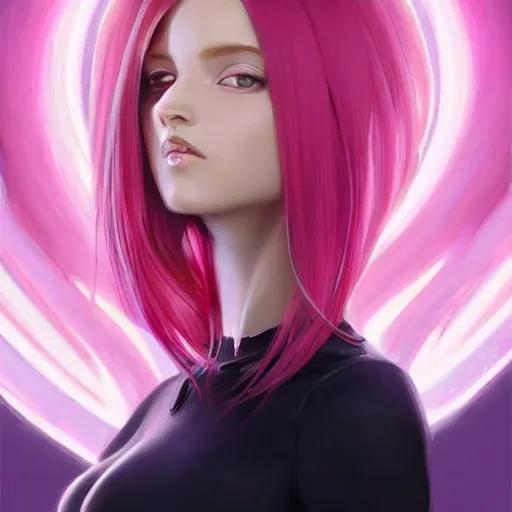 Image similar to portrait of beautiful symmetrical anime alien woman, pink hair, attractive, casual, modern, victoria's secret, highly detailed, digital painting, artstation, concept art, smooth, sharp focus, illustration, art by artgerm, greg rutkowski and alphonse mucha, 8 k,