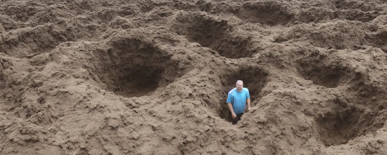 Prompt: a man standing in a muddy pit that is 8 feet deep