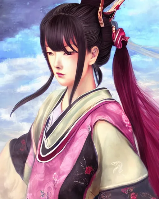 Prompt: beautiful portrait of oichi , sana from twice in sengoku basara in the paintetly style of WLOP, artgerm, brush stroke oil painting, dynamic lighting, imagine fx, artstation