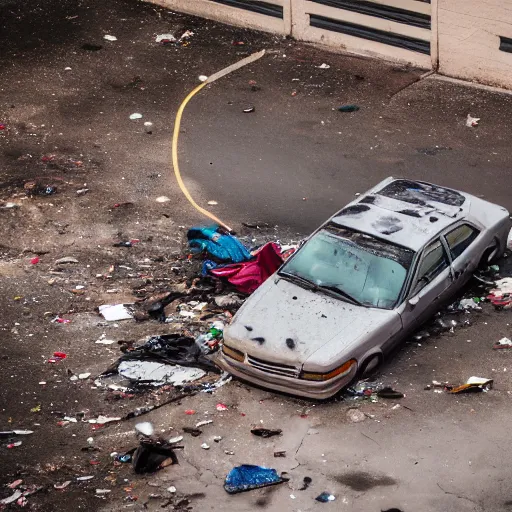 Image similar to aerial photography, a number of car, dust, humus, wet street, graffiti on wall, trash scattered everywhere, abandoned car garage, 8 k, uhd, after rain, cinematic lighting, incrinate