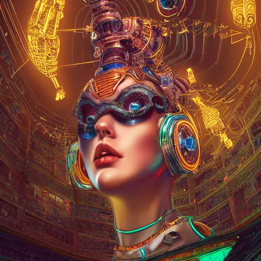 Image similar to the portrait of an absurdly graceful, sophisticated, fashionable ottomanpunk robotess idol, an ultrafine hyperdetailed illustration by kim jisu, intricate linework, neon wiring, porcelain skin, unreal engine 5 highly rendered, global illumination, radiant light, detailed and intricate environment, by rutkowski, artgerm, marvel comics