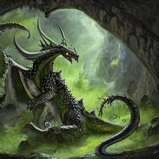 Image similar to fairy tale, painting, large green dragon, venomfang, dnd, inside a castle, four legs, realistic, dungeons and dragons