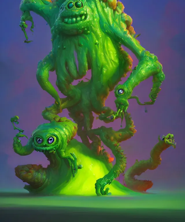 Prompt: a toxic ooze creature in a pixar artstyle, adorable and whimsical,, fantasy, elegant, digital painting, artstation, unreal engine, octane render, concept art, matte, sharp focus, vibrant colors, high contrast, illustration, art by justin gerard
