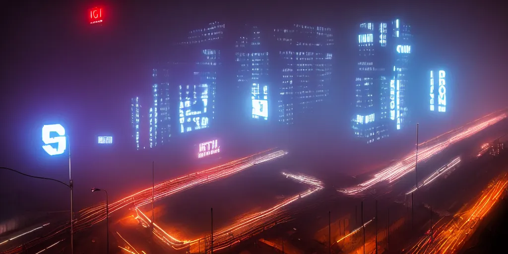 Image similar to giant illuminated advert screens, eerie fog, megacity streets seen from above, neon signs, blade runner, ex machina