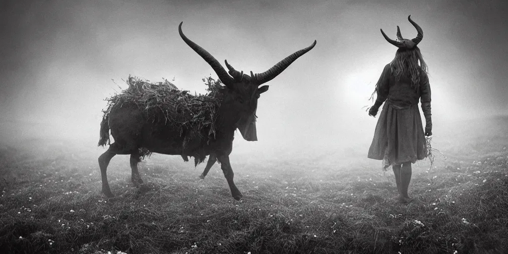 Prompt: portrait photography of flying tyrolean alpine female farmer, hovering over the ground, horns on head, roots and edelweiss growing from head, fog foggy, clothes made from hay, desaturated, fog, witch, wicca, 1. 2 f, 3 5 mm, dark, eerie, 1 9 2 0 s ghost photography