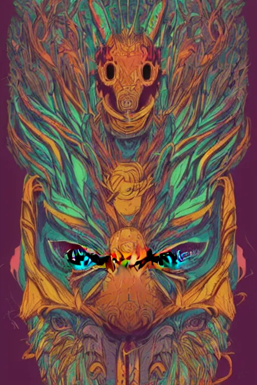 Image similar to animal mask totem roots tribal feather gemstone plant wood rock shaman vodoo video game vector illustration vivid multicolor borderlands comics by josan gonzales and dan mumford radiating a glowing aura