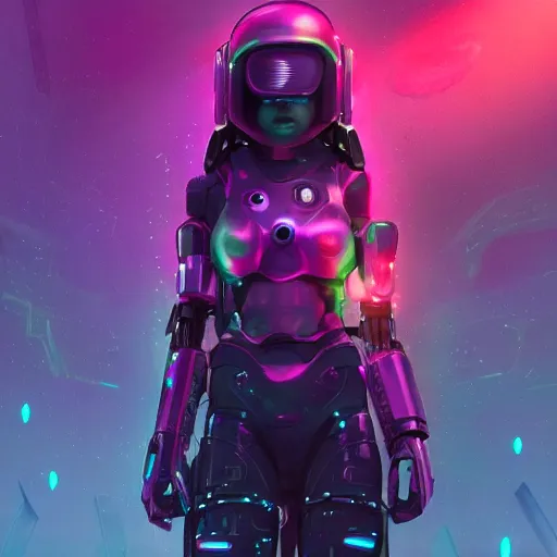 Image similar to cyberpunk concept cool warrior girl bot, galaxy, ufo, space sci - fi, wearing vr goggles, illustration, portrait, pastel neon textured background night, trending on artstation, greg rutkowski, octane rendered, 1 2 k, detailed,