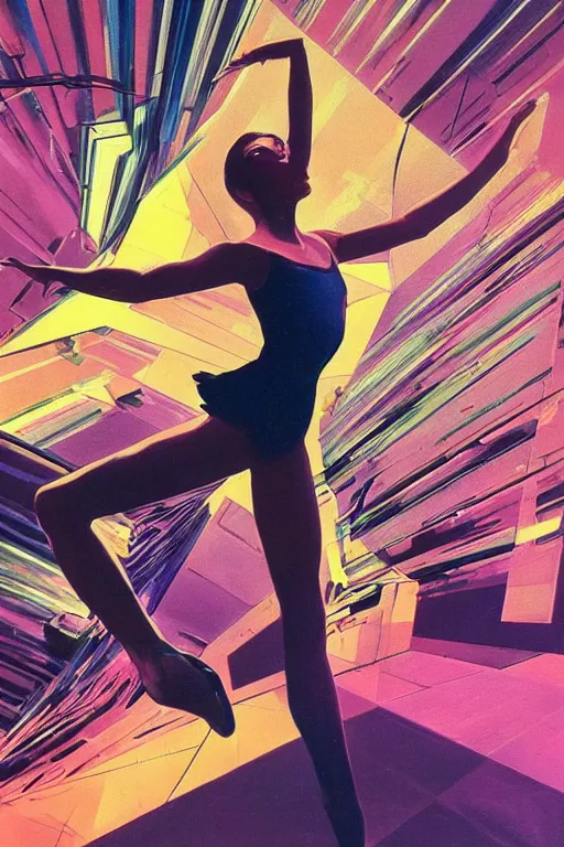 Prompt: wideangle action, a wild beautiful ballet techno dancer, flow zone, decoherence, synthwave, glitch!!, fracture, vortex, realistic, hyperdetailed, concept art, golden hour, art by syd mead, cubism