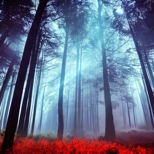 Image similar to a forest with glowing plants, magical, starts visible in the sky, wide shot, dramatic lighting