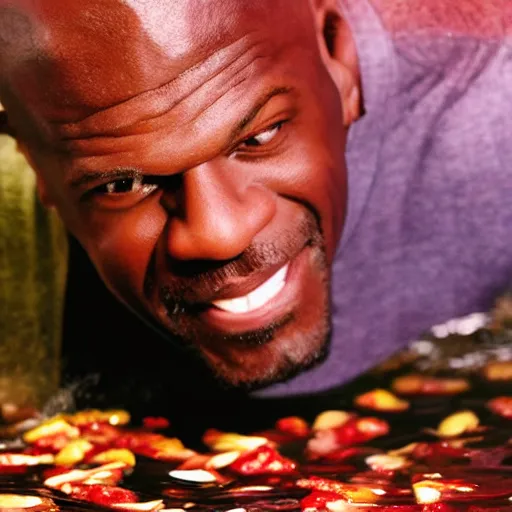 Image similar to terry crews swimming in a pool of salsa, cinematic lighting