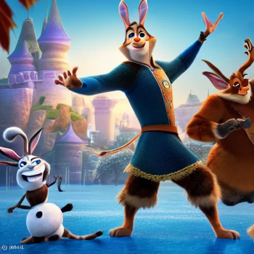 Prompt: a cgi film by the makers of frozen and tangled about a monk class rabbitfolk wearing ninja garb and fighting a bunch of crook cats in the new disney film, zootopia, frozen, tangled, disney, cgi, high resolution, dynamic poses