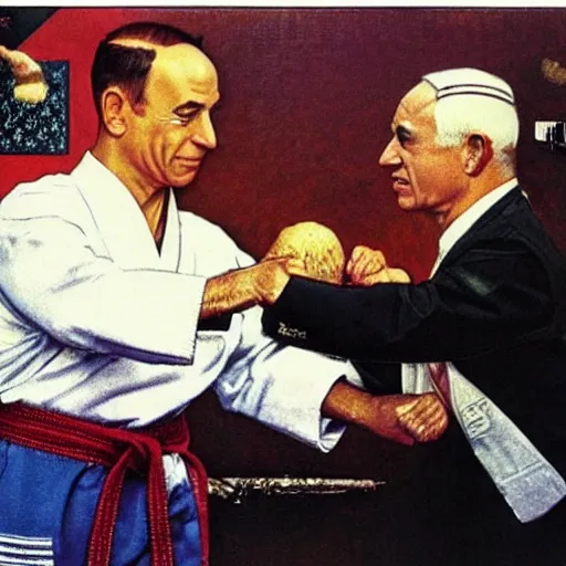 Image similar to benjamin netanyahu karate chopping a cabbage while wearing karate uniform, by norman rockwell, highly detailed