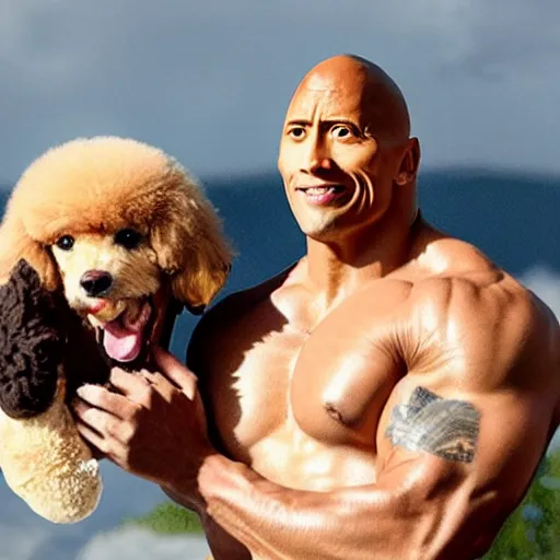 Prompt: Dwayne Johnson riding a poodle