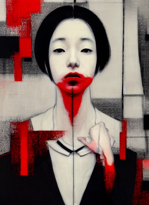 Prompt: red, white and black color palette, yoshitaka amano blurred and dreamy realistic three quarter angle portrait of a young woman with short hair and black eyes wearing office suit with tie, junji ito abstract patterns in the background, satoshi kon anime, noisy film grain effect, highly detailed, renaissance oil painting, weird portrait angle, blurred lost edges