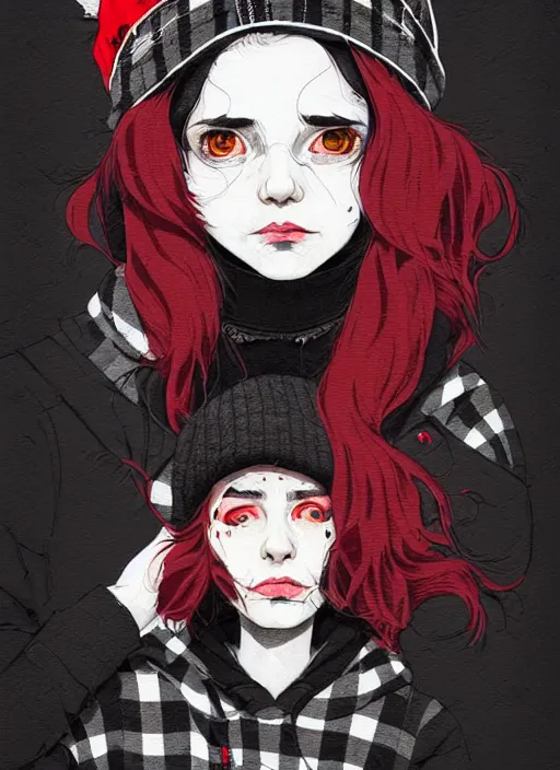 Prompt: highly detailed 3 / 4 profile portrait of an new york sewer punk lady student, eyes, tartan hoody, hat, white hair by atey ghailan, by greg tocchini, by kaethe butcher, by james gilleard, gradient red, black, brown, cream and white color scheme, grunge aesthetic!!! ( ( graffiti tag wall ) )