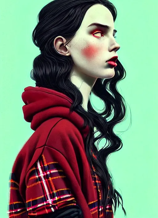 Prompt: highly detailed portrait of a beautiful woman with scarlet lips, tartan hoody, photographic realistic background, ringlet hair by atey ghailan, by greg rutkowski, by greg tocchini, by james gilleard, by joe fenton, by kaethe butcher, gradient red, black, neon green cream and white color scheme, trending in pinterest, award winning details