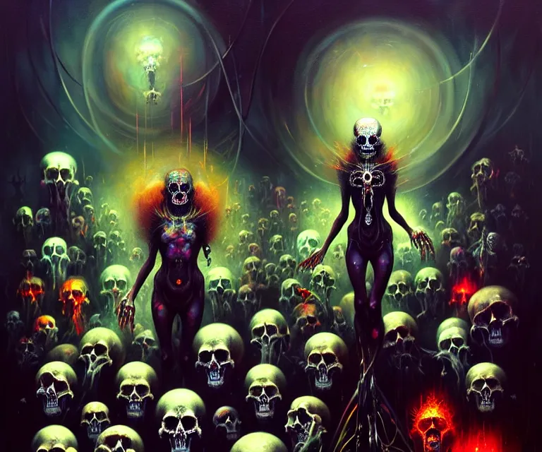 Prompt: living beneath the skin, sparkling spades of spirits, megical world of woundering things, concept art, heavenly artwork by basil gogos jackson pollock, tom bagshaw, psychedelic art. atoms surrounded by skulls and spiritshorror, sci - fi, surrealist painting, by peter mohrbacher anato finnstark