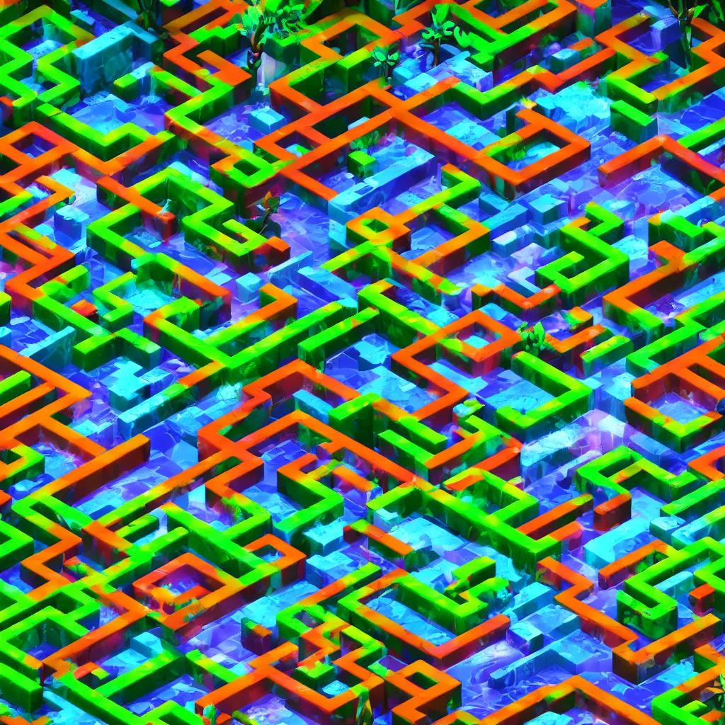 Image similar to wimmelbilder maze made of 80's arcade jungle waterfall level, isometric, white path, octane render, particle effects, unreal engine, very sharp, high contrast