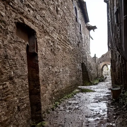 Prompt: A broken medieval helmet lying in the muddy castle alleyway, knight approaching