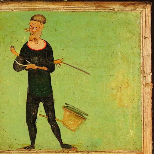 Prompt: skinny ugly man in green body suit, frying pan in one hand, angry, fighting, medieval art