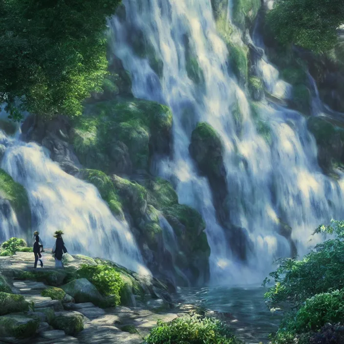 Prompt: an epic makoto shinkai and renoir landscape with a waterfall, spirals, ultra smooth, octane render