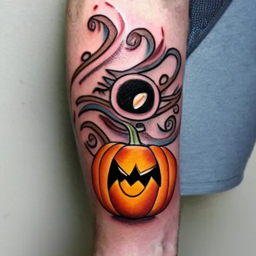 Prompt: cartoon tattoo of an angry pumpkin with glowing eyes