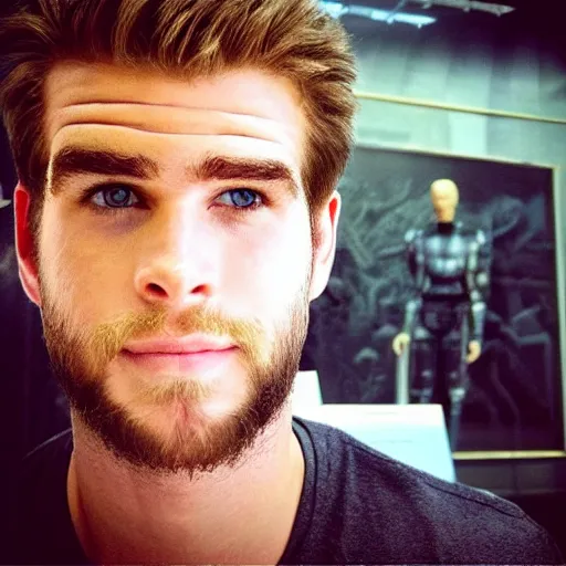 Image similar to “a realistic detailed photo of a guy who is an attractive humanoid who is half robot and half humanoid, who is a male android, actor Liam Hemsworth, shiny skin, posing like a statue, blank stare, at the museum, on display”